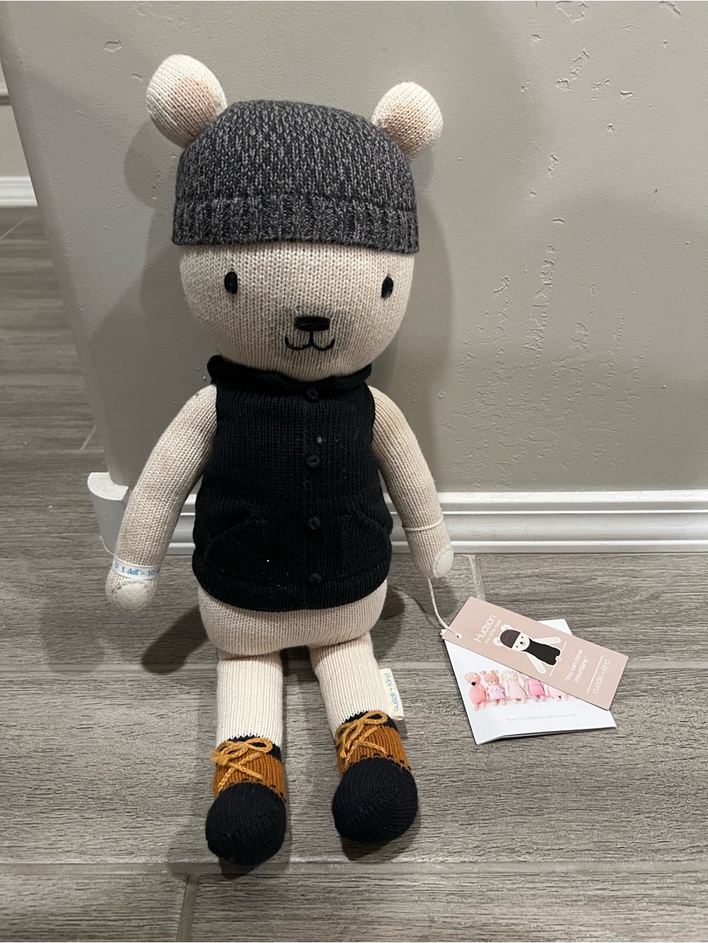 Hand-Knit Cream Bear Plush with Gray Hat and Black Vest